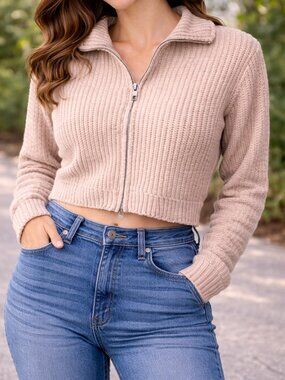 ZARA Knit Sweater Womens Large Beige Cropped Ribbed Zip Hoodie Cardigan Trendy